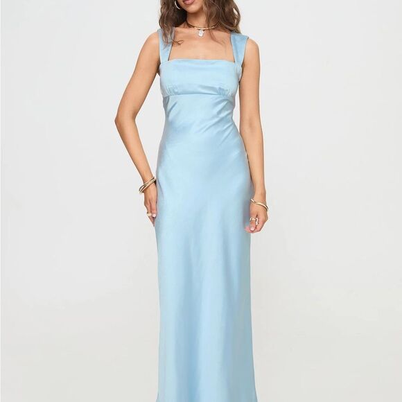 Satin Light Blue Sleeveless Maxi Dress - Picture 2 of 6